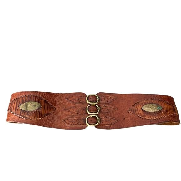 Vintage Brown Leather Wide Waist Belt with Gold Accents size medium - Picture 1 of 8